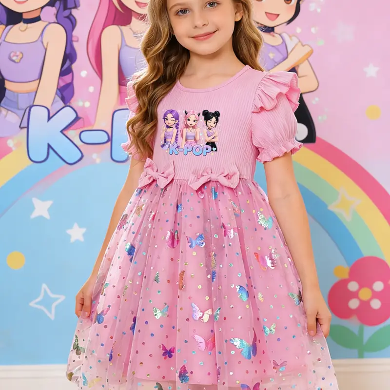 【Black Friday】Girls' Elegant Princess Dress, Cartoon Butterfly Print Slim-Fitting Summer Dress, Perfect for Easter, Valentine's Day, Parties and Birthday Gifts