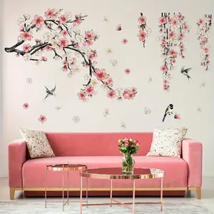 A set of three (30*90cm*3pcs) peach blossom plant, bird and flower decorative wall stickers for living room and entrance decoration and beautification, self-adhesive MG19073-NC Art Stickers