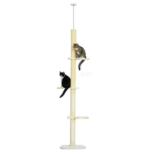 PawHut 4-Tier Tall Cat Tower, Floor to Ceiling Cat Tree, Height Adjustable 87 - 103 Inch with Plush Platforms, Sisal Scratching Posts, Toy Ball for Indoor Cats, Yellow