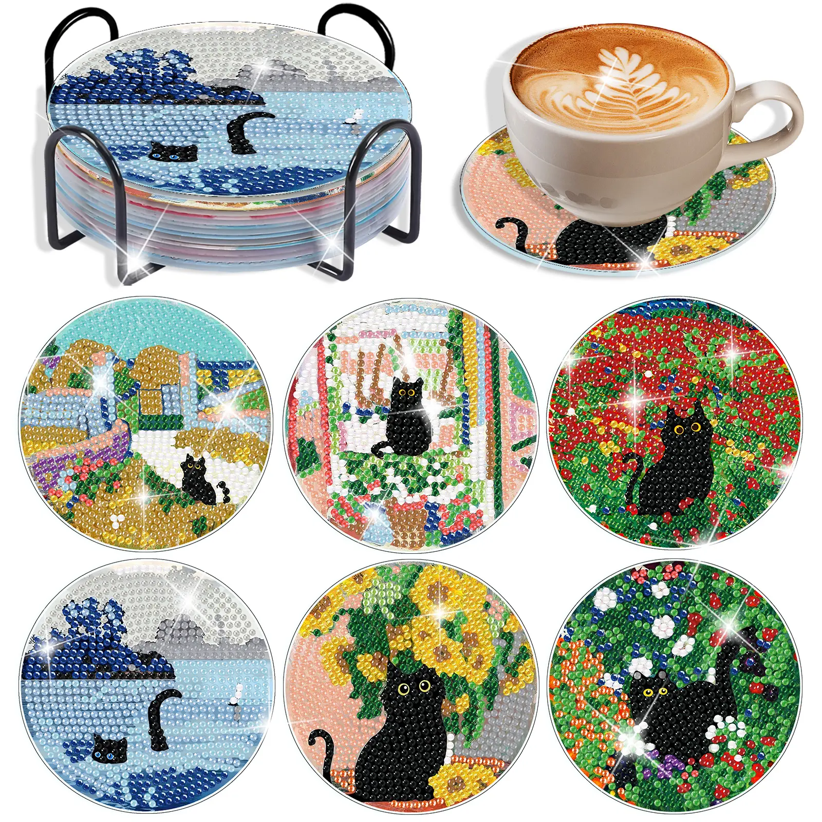 6-piece 5D Diamond Art Kit, Black Cat Themed DIY Diamond Painting Coasters, with Tool Kit, Cork Mat, and Storage Rack, suitable for adult craft enthusiasts.