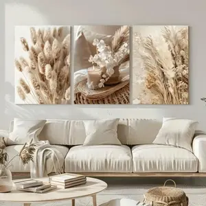 3 Pieces Beige Pampa Grass Botanical Art Prints, Nordic Style Wall Mural, Simple Nature Home Art, Contemporary Gallery Decor, Neutral Tone Painting, Wall Decor for Living Room, Bedroom and Study, Framed or Unframed.