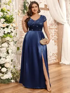 MISSMAY P54548A Plus Curvy Deep V-Neck Sparkly Sequin Floral Lace Contrast Satin Split Thigh Slit Elegant Prom Formal Wear Maxi Party Dress, Wedding Guest Dress, For Birthday, Graduation, Homecoming