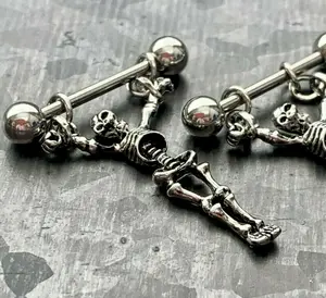 PAIR of Unique Dangling Skeleton Design Steel Nipple Barbells / Shields / Rings