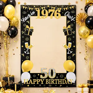 Party photo props, birthday celebration paper frame, black and gold color 50-year-old birthday paper photo props set, 50th birthday party photography props, birthday party indoor and outdoor decorations