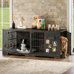 HOOBRO Dog Crate Furniture for 2 Dogs, Heavy Duty Double Kennel with Removable Divider & 4 Doors, Dog Crate TV Stand with 2 Metal Pegboards, 2 Name Plates, 8 S-Hooks, for Medium Large Dogs