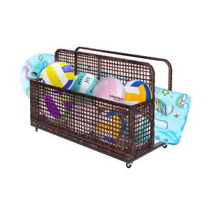 【GARVEE】Wicker Poolside Storage Organizer with Wheels - PE Rattan Outdoor Rolling Cart for Pool Toys, Beach Towels, and Garden Accessories, Featuring Foldable Side Racks and UV Resistant Design for Patio, Deck, and Backyard