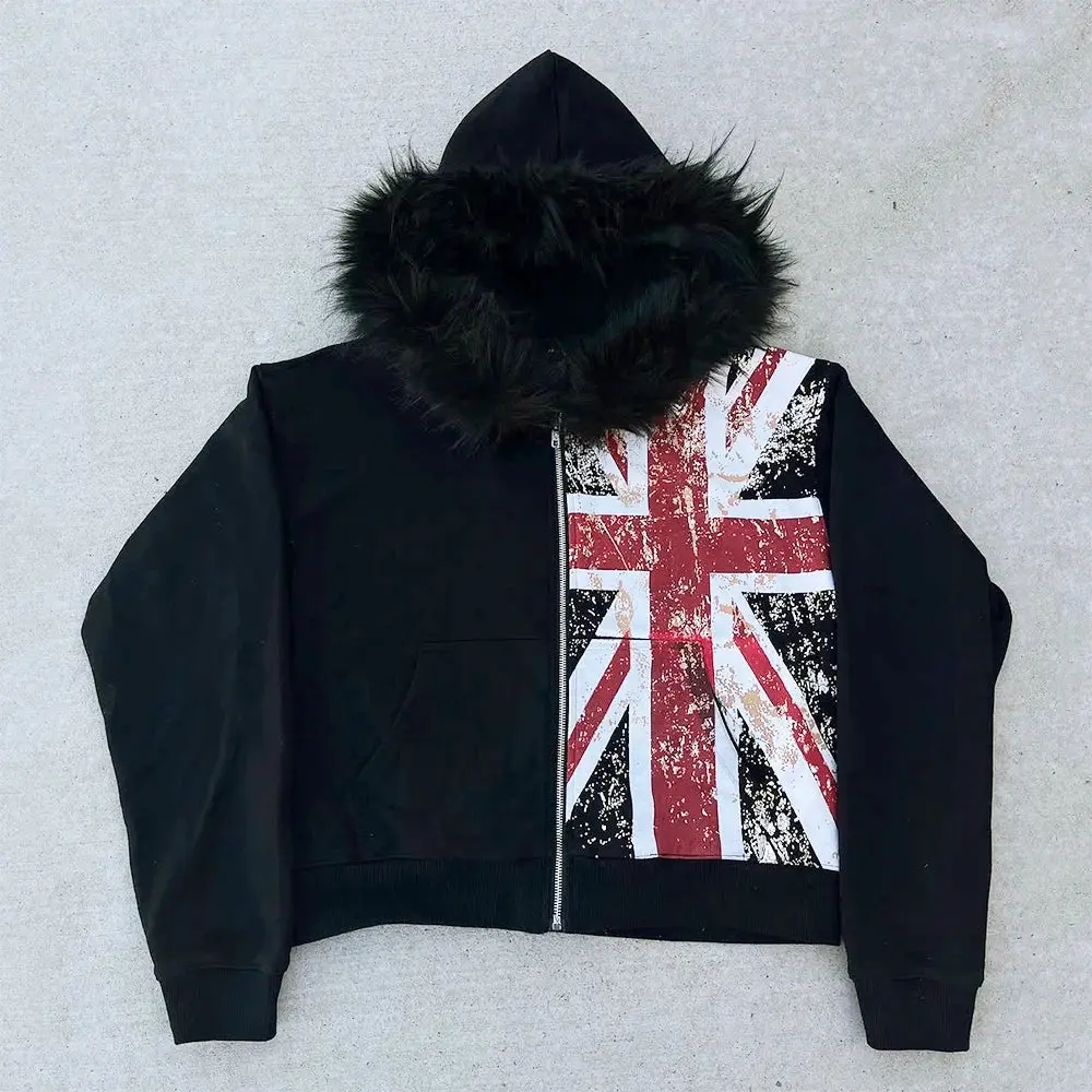 Fur Hood UK Flag Print Zip-Up Hoodie