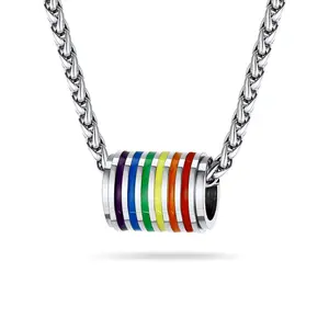 PROSTEEL LGBT Rainbow Wide Ring Design Necklace Pendant Stainless Steel Gay Pride Jewelry Bisexual Lesbian Transgender Unisex with Gift Box