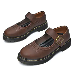 Women's Brown Leather Mary Jane Shoes, Vintage Buckle Strap & Floral Embroidery, Thick Sole Casual Platform Footwear