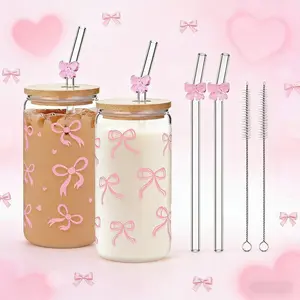 Iced Coffee Tumbler, Glass Straw Cup with Cover, Iced Coffee Cup, 2 Bow Cups, Cleaning Brush with Bow Straw, Bow Cup, Reusable Beer Cup, Birthday Gift, can Hold Tea, Soda, Water, Juice, Smoothies, Etc., Drinkware