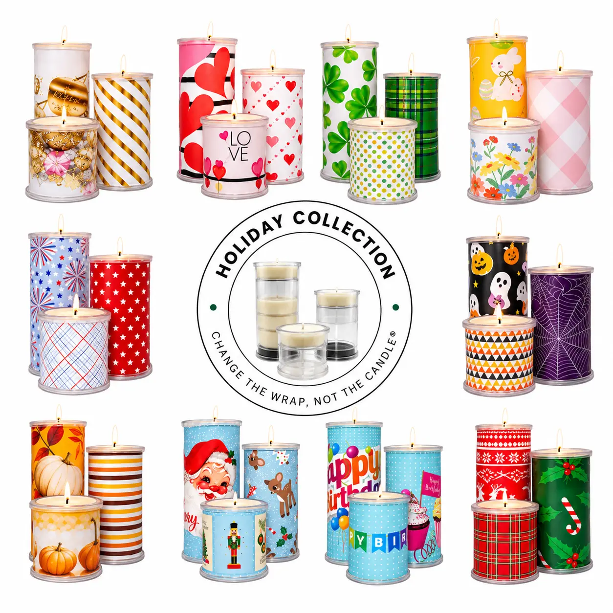 Wrap A Candle Holiday Collection Set | 5 Reversible Decorative Wraps for Wrap A Candle Base | Instantly Change Your Candle for 10 Holidays | Reusable Seasonal Home Decor | Wrap Sets for Year-Round Candle Styling l 6 Jumbo Scented Tea Light Candles
