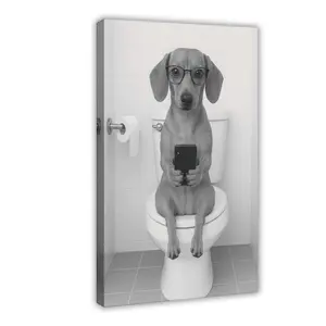 Dachshund On Toilet Wall Art, Texting Dog, Black And White Print,  Trendy  Tan Wiener Dog Poster, Funny Bathroom Wall Decor