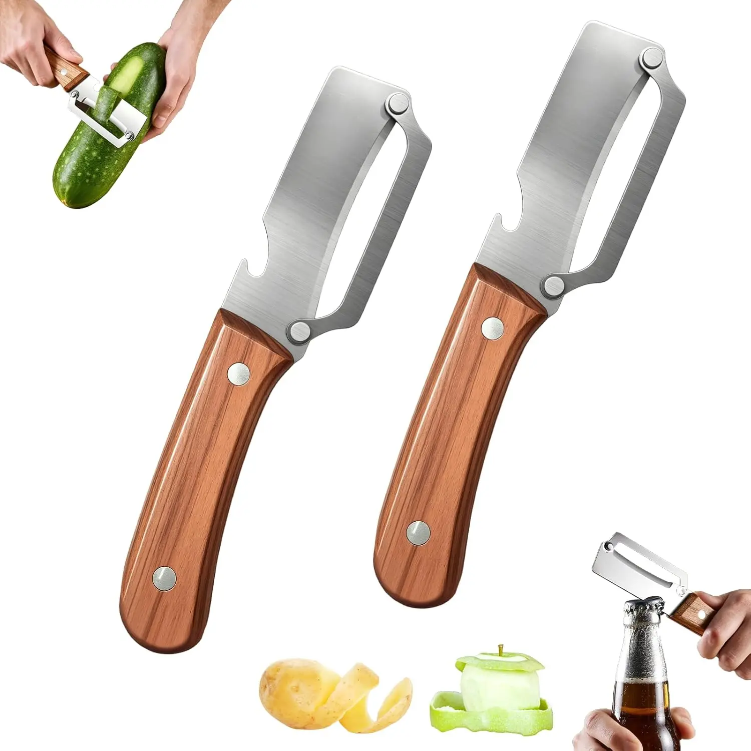 2pcs Multi-Functional Vegeble Peeler For Kitchen,2-In-1 Stainless Steel Veggie Peeler Knife With Wooden Handle And Bottle Opener,For Fruit Pumpkin Peeling Potato Carrot Veggie Peeler-