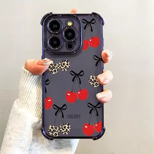 Leopard-Print Bow Cherry Pattern Phone Case , Electroplated Cover with Airbag Shockproof Slim Soft TPU Cover for iPhone 11 12 13 14 15 16 Pro Max Plus