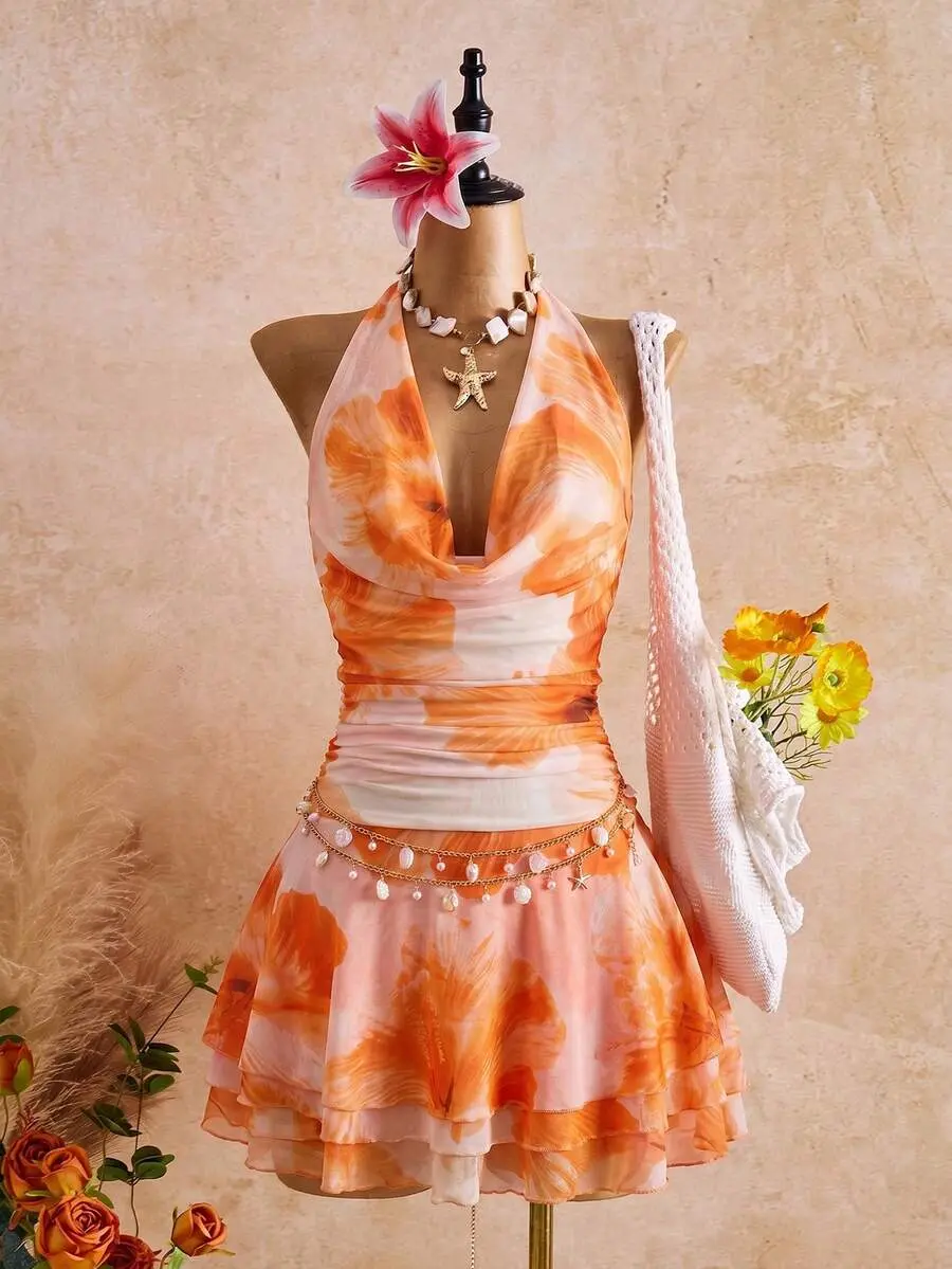 [Royalty Brand Clothing] Spring/Summer New Women's Fashion Sexy Print Dress - Cowl Neck Design - Waist Cinched & Ruched Design - Ruffle Design - Vacation - Beach