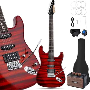 39" Full Size ST Style Electric Guitar Starter Kit with SSH Pickup, 5W Portable Amp, Tuner, Gig Bag, Strap & Accessories (Red Flame)