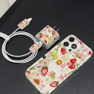 5-Piece Set Transparent Cute Cat & Strawberry Phone Case, Charger Head Cover, Cable Protector, Storage Rope, Anti-Drop Protective Tpu Case for iPhone Accessories