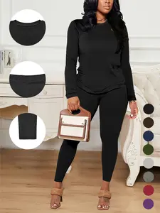 AUXDIO Women's 2-Piece Set - Round Neck Long Sleeve Top & Pants - Soft Polyester Elastane Fabric - Casual Stretch Breathable Outfit for Daily Wear & Travel - Solid Color Cozy Comfy