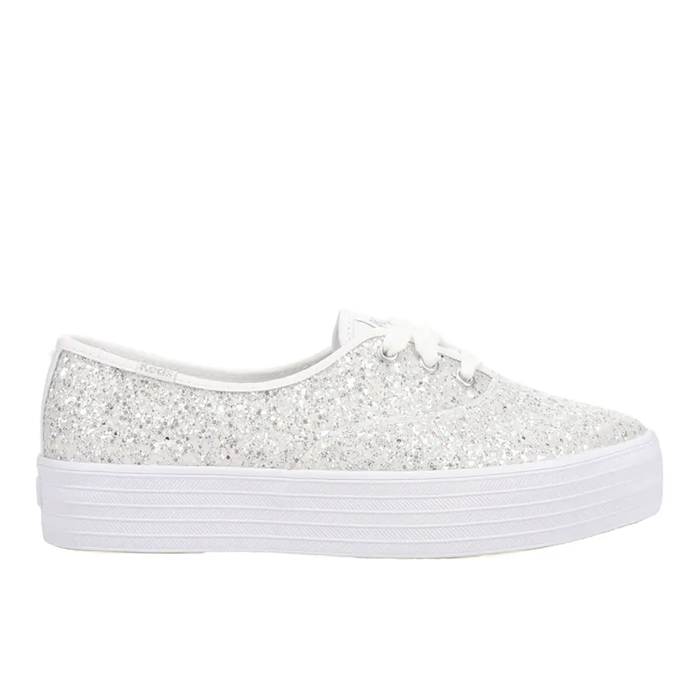 Keds Womens Point Glitter Celebrations Lace Up Sneakers Shoes Casual - Silver, White