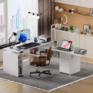 L Shaped Electric Standing Desk, 63'' Height Adjustable Stand up Desk, LED Display, Home Office Modern Wood Computer Desk with Drawers and Shelves, USB Charge Ports, White