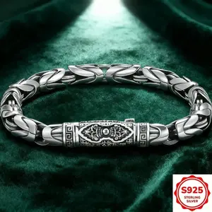 S925 Silver Dragon Bone Braided Men’s Bracelet, Retro Oxidized Silver Chain with Engraved Clasp for Casual & Formal Wear
