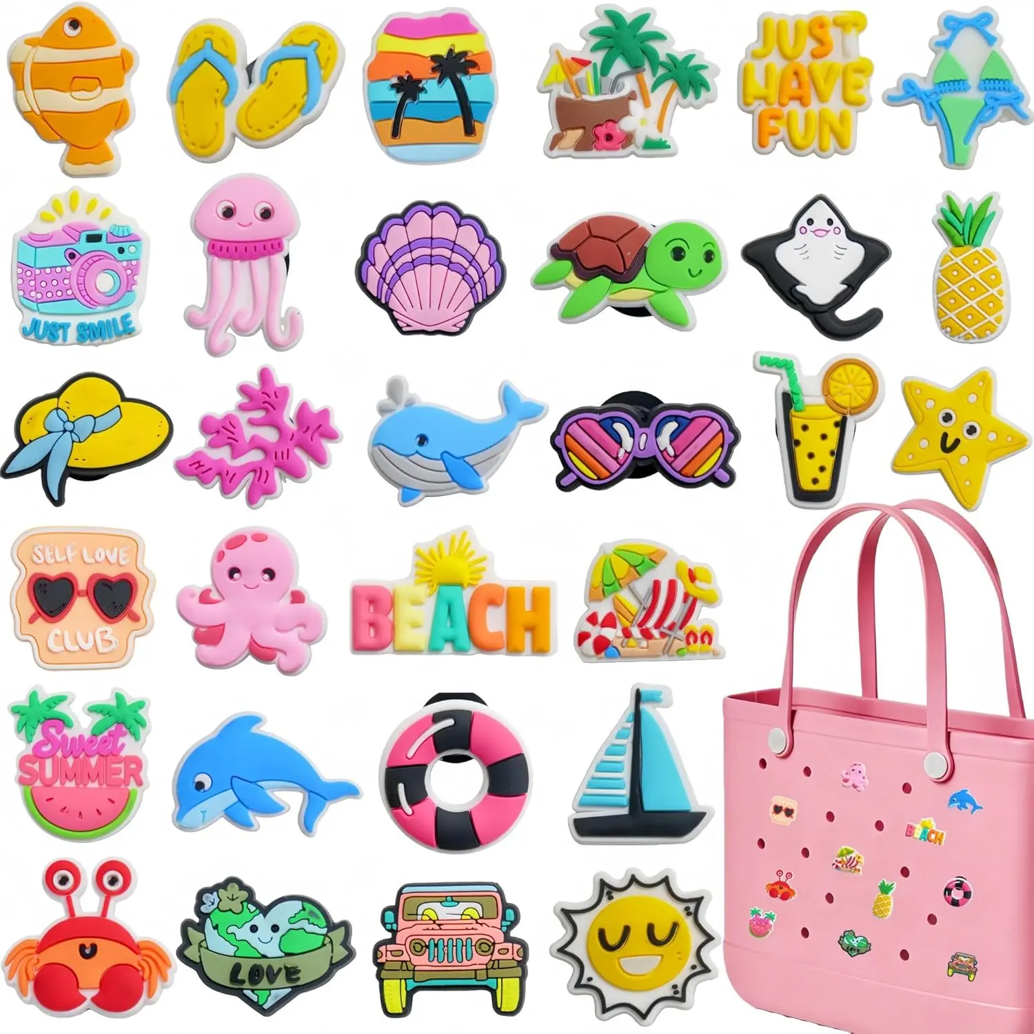 30 Pcs Summer Charms for Bogg Bag | Cute Beach Bag Accessories & DIY Insert Decoration Pins, Fun Summer Gifts for Women & Girls