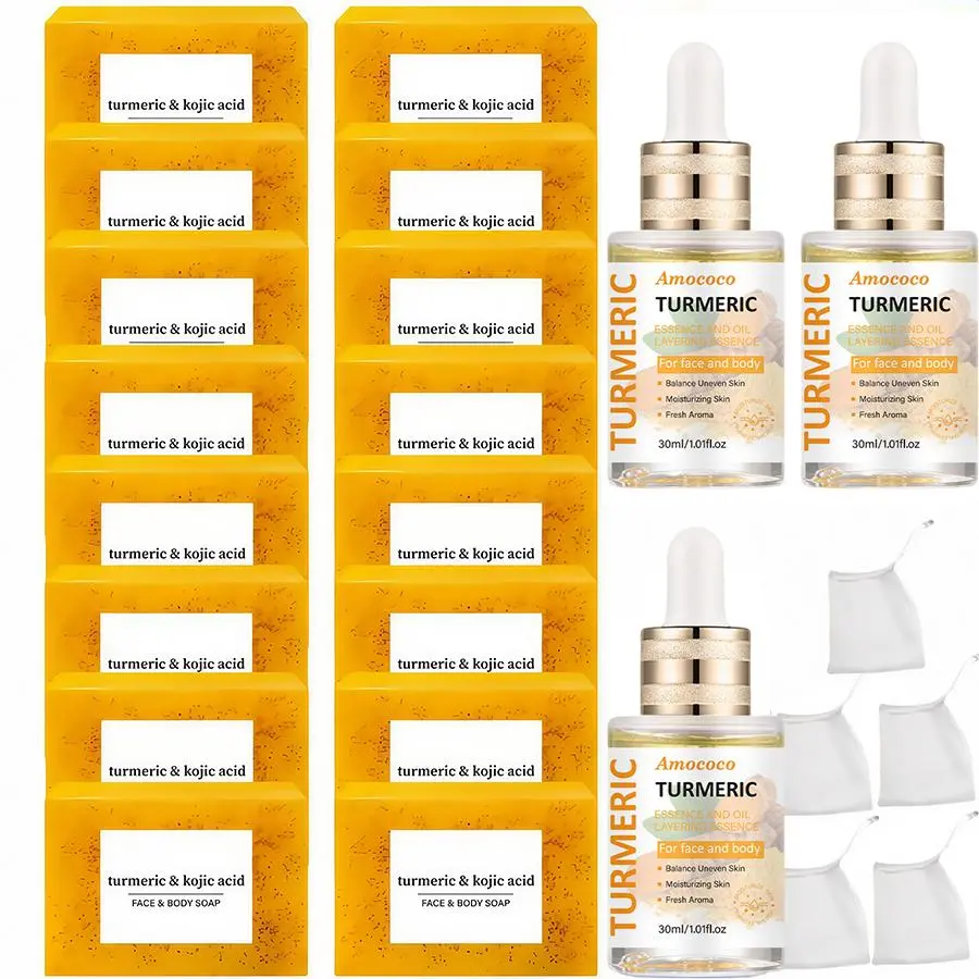 Turmeric Skincare Set,1 Set Turmeric Kojic Acid Soap & Turmeric Oil & Soap Bag, Cleansing and Moisturizing Body Care for Women & Men,  Skin Care Kit Radiant Comfort