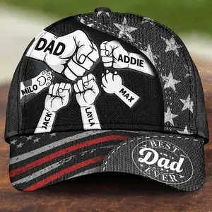 Custom Dad Classic Cap Personalized with Kids’ Names – Fist Bump Black Hat, Casual Wear, 250th Anniversary USA Independence Day Semiquincentennial Gift Father’s Day & Birthday Gift for Dad, Grandpa, or Husband