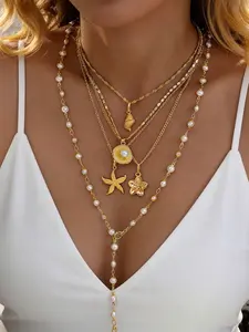 5-Piece Necklace Set, Boho Style, Geometric Patterns, Zinc Alloy Chain, Multi-Layered, Perfect for Daily Wear, Beach, Parties, Mother's Day Gift
