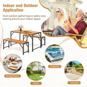 COSTWAY - 3 Pieces Patio Dining Set with Acacia Wood Dining Table and 2 Benches