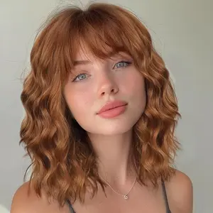 Lativ Auburn Wig with Bangs Short Bob Wigs for Women Shoulder Length Ginger Wavy Curly Wigs Synthetic Fiber Wigs 14 Inches for Daily Party Use