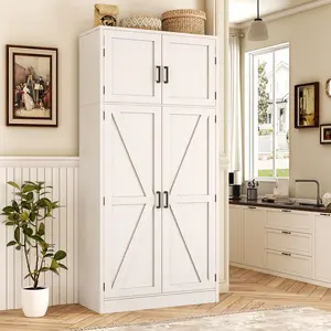 7-Shelf Adjustable Storage Cabinet | Farmhouse Pantry with Barn Doors | Large & Roomy | Versatile for Kitchen, Bathroom & Laundry | Easy Assembly