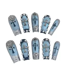 E37 Long blue personality theme removable press on nails nail clip for acrylics nail jewelry diamond cut with diamond dust nail  polish  tower full coverage false nail nail  glue