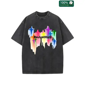 100% Cotton Men's Casual Crew Neck T-Shirt, Colorful Abstract Star Drip Design "BeJustHug" Printed, Trendy Breathable Short Sleeve Tee for Daily Wear, Fashionable Artistic Top for Men