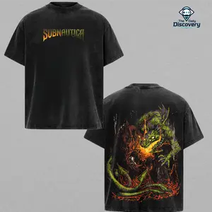 Subnautica Gamer T-Shirt – Vintage Washed Ocean Survival Graphic Tee Hoodie with Leviathan Sea Creature and Diver Art, Retro Sci-Fi Underwater Exploration Shirt for Hardcore Gamers