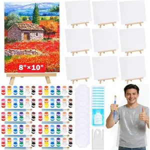 10 Pack 8x10 Inch Canvas and Easel Set, Art Canvas Boards Bulk with Easel Stand, Mini Acrylic Paint & Brushes Set, Paint Trays, Sip and Paint Kit for Adults Couples Day Night Paint Party