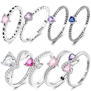 925 Sterling Silver Rings Sparking Purple White Pink Blue Zircon LOVE Wedding Ring Women Engagement Jewelry Anniversary Gifts