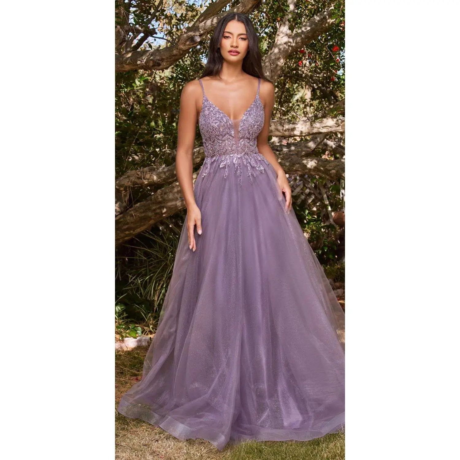 Women's A-Line Formal Evening Gown with Beaded V-Neck Lace Bodice and Layered Tulle Skirt, Fully Lined, Formal Wear, Tulle Fabric, Zipper, Clothes, Soft, Layered Skirt, Violet, Sleeveless, Lacy, Zipper Back, Lined Interior