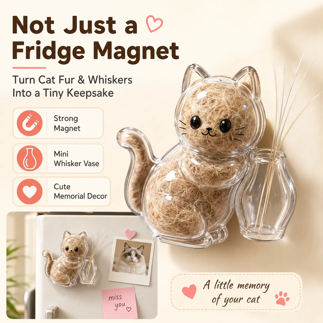Cat Fur Memorial Keepsake Capsule,Transparent Cat Shaped Pet Hair & Whisker Holder, Magnetic Refrigerator Decor, Cat Memorial Collection Capsule for Cat Moms and Pet Lovers