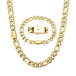 14K Gold-Plated 8MM Cuban Chain Figaro Necklace & Bracelet Set Waterproof Anti-Rust Hypoallergenic Trendy Jewelry for Men & Women Perfect Christmas Gift Miami-Style mom christmas gift chains men's valentine's gifts valentines gifts for gf