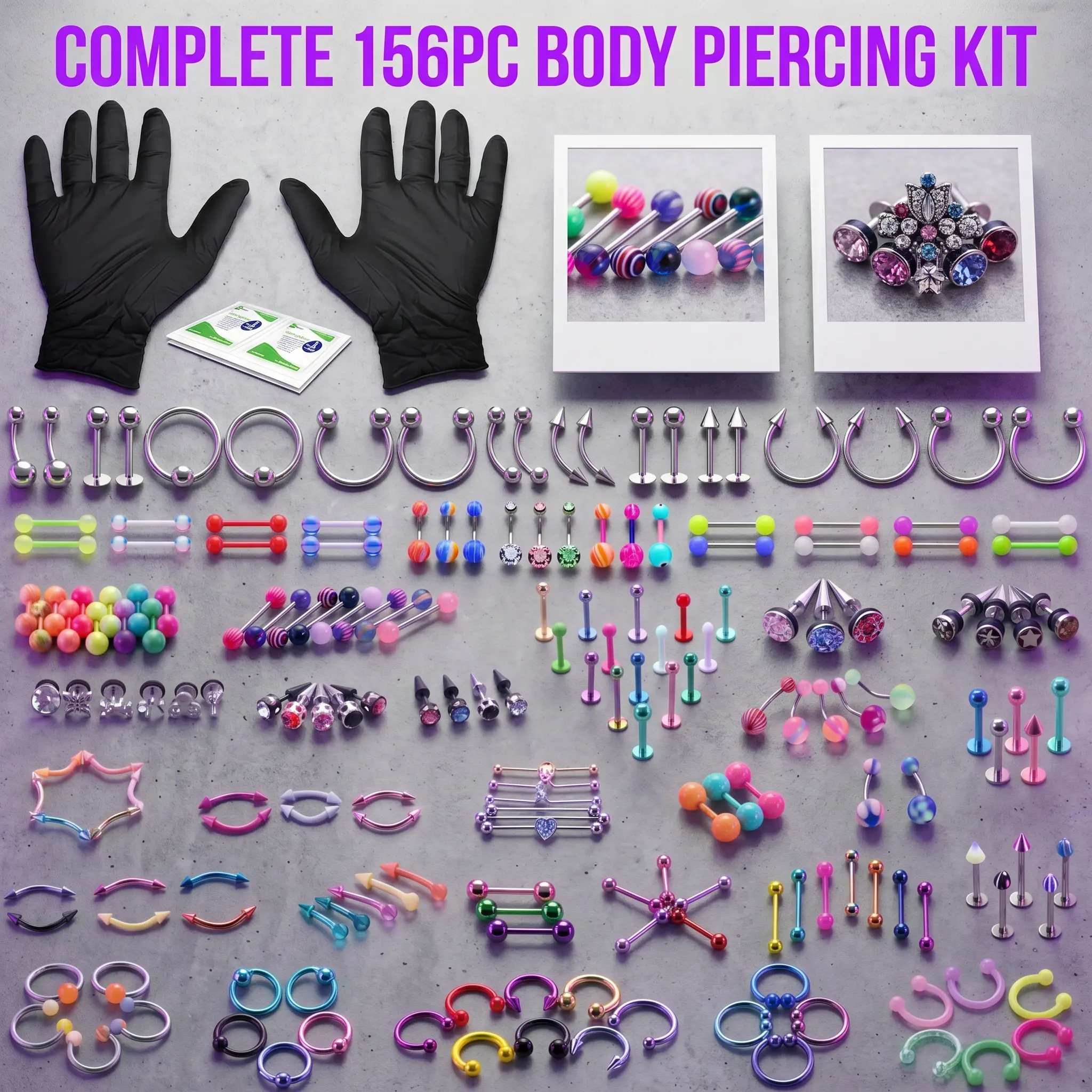 156PC Body Piercing Kit with Needles - Belly Button Ring Nose Septum Tragus Cartilage Industrial - Horseshoe Hoop Barbell Labret Stud Captive Spike - 14G 16G 18G 20G Random Mix Body Jewelry