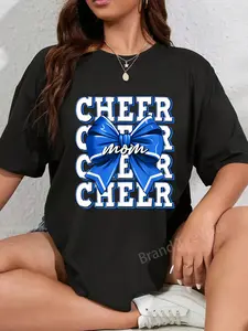 100% Cotton Unisex Cheer Mom Blue Bow Cheerleader Competition Game Day T-Shirt Casual Graphic Printed Vintage Tshirt
