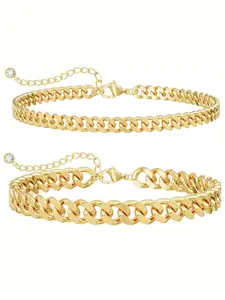 Women's Waterproof Anklet Bracelet, Cuban Link Anklets, Fashion Layered Stackable Bracelets 14k Gold Plated Cuban Chain Set, Non-Tarnish Jewelry Gift