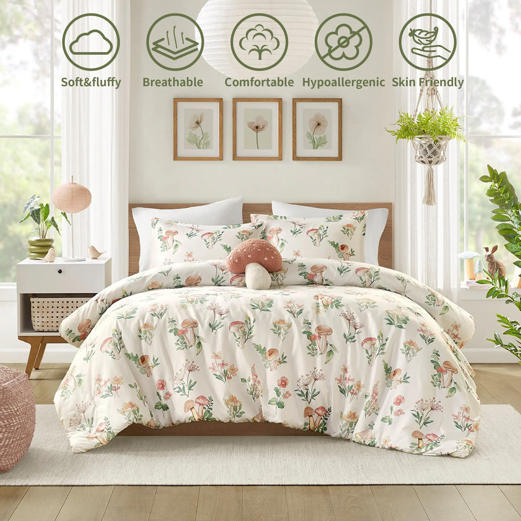 Intelligent Design Gwen Mushroom Garden Comforter Set - Antimicrobial Treatment Quilt, Floral Fairy Aesthetic Bed Cover, Machine-Washable Bedding Set, Quilt Set