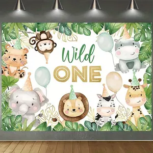 1pc 2D Flat Jungle Safari "wild One" First Birthday Party Backdrop - Vibrant Green & Golden Polyester Banner with Cartoon Animals, Balloons & Flowers, Inch, Perfect for First Birthday Celebrations & Photo Shoo