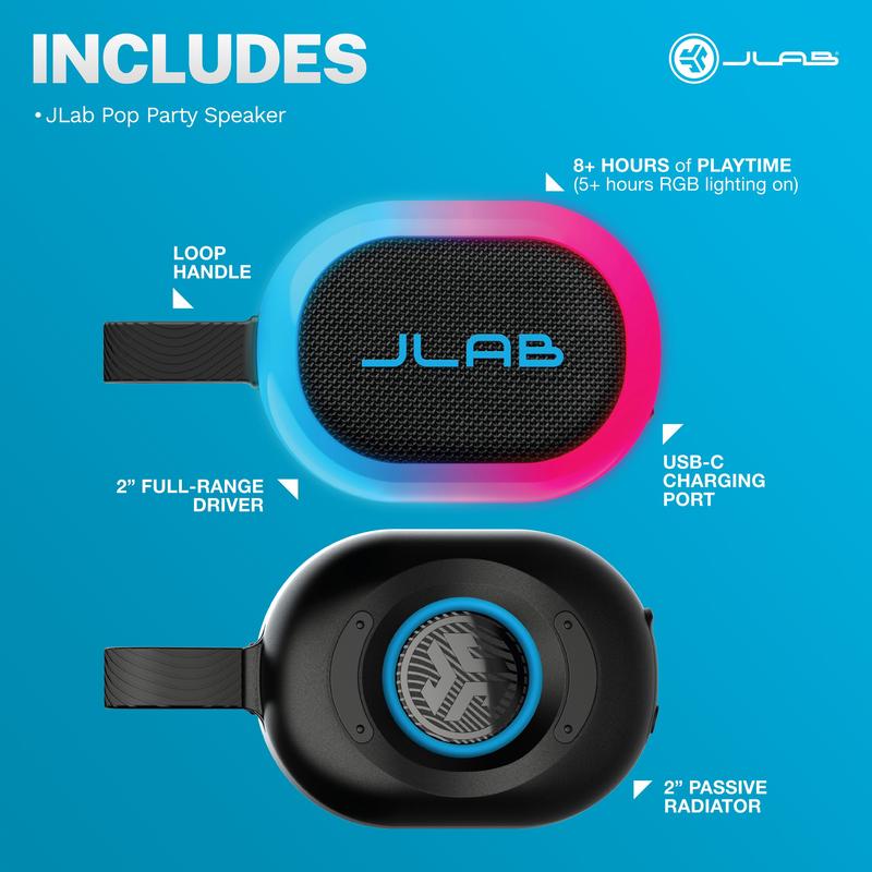 JLab Pop Party Ultra-Portable Bluetooth Speaker 5W Driver 8+ Hours Playtime RGB Lighting IPX5 Splashproof Audio & USB-C Charging