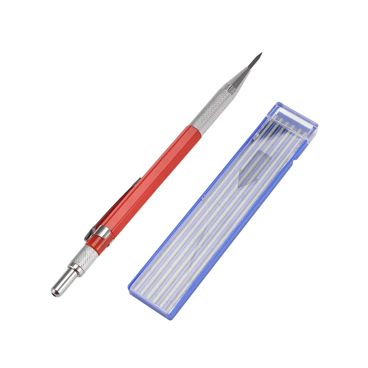 Mechanical Metal Welder Pencil Pen+Refills Set for Marking Metals, with Built-in Sharpner, Pocket Clip and 12 Silver Refills, Oily Surfaces, 1 Box X Refill(12 Pcs), 3 Claw Nib Design, Architects Designing, Carving Supplies, High Temperature Performance, S