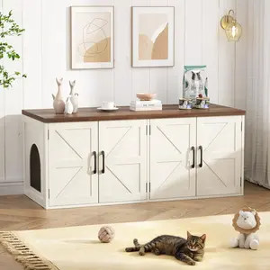 Vabches Litter Box Enclosure for 2 Cats, Farmhouse Hidden Litter Box Furniture with Barn Doors, Large Double Room Cat House for Living Room, Washroom, Entryway Bench