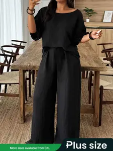 Plus Size Solid Color Round Neck Batwing Sleeve Shirt and Wide Leg Pants Casual Two-Piece Set, Comfortable and Stylish