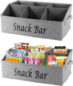 Snack Organizer for Countertop, 6 Compartment Snack Bin with Side Handles, 2 Pack Fabric Snack Basket Container, Lightweight Snack Bar Station Organizer, Kitchen Pantry Storage - Gray